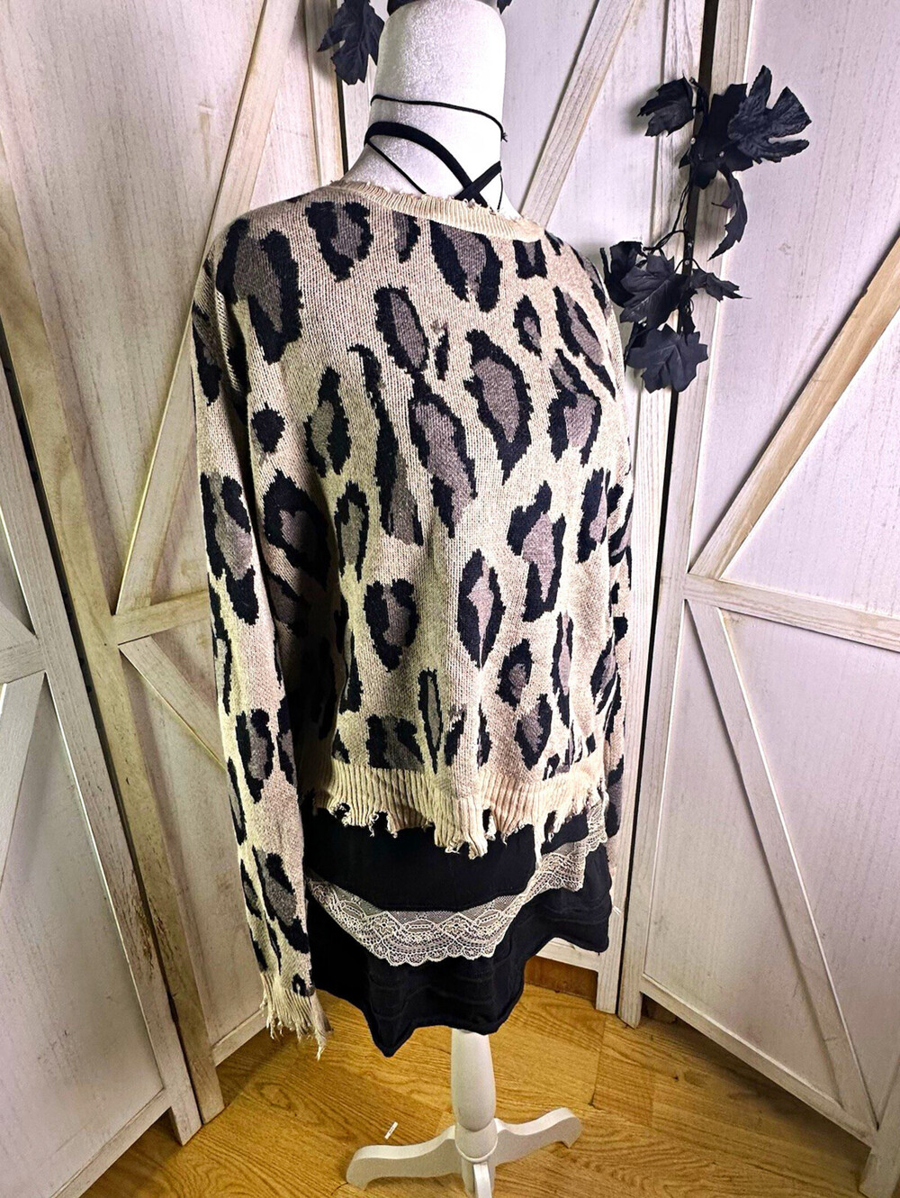 FATE Leopard Animal Print Knit Crewneck thrashed Pullover Sweater punk grunge L